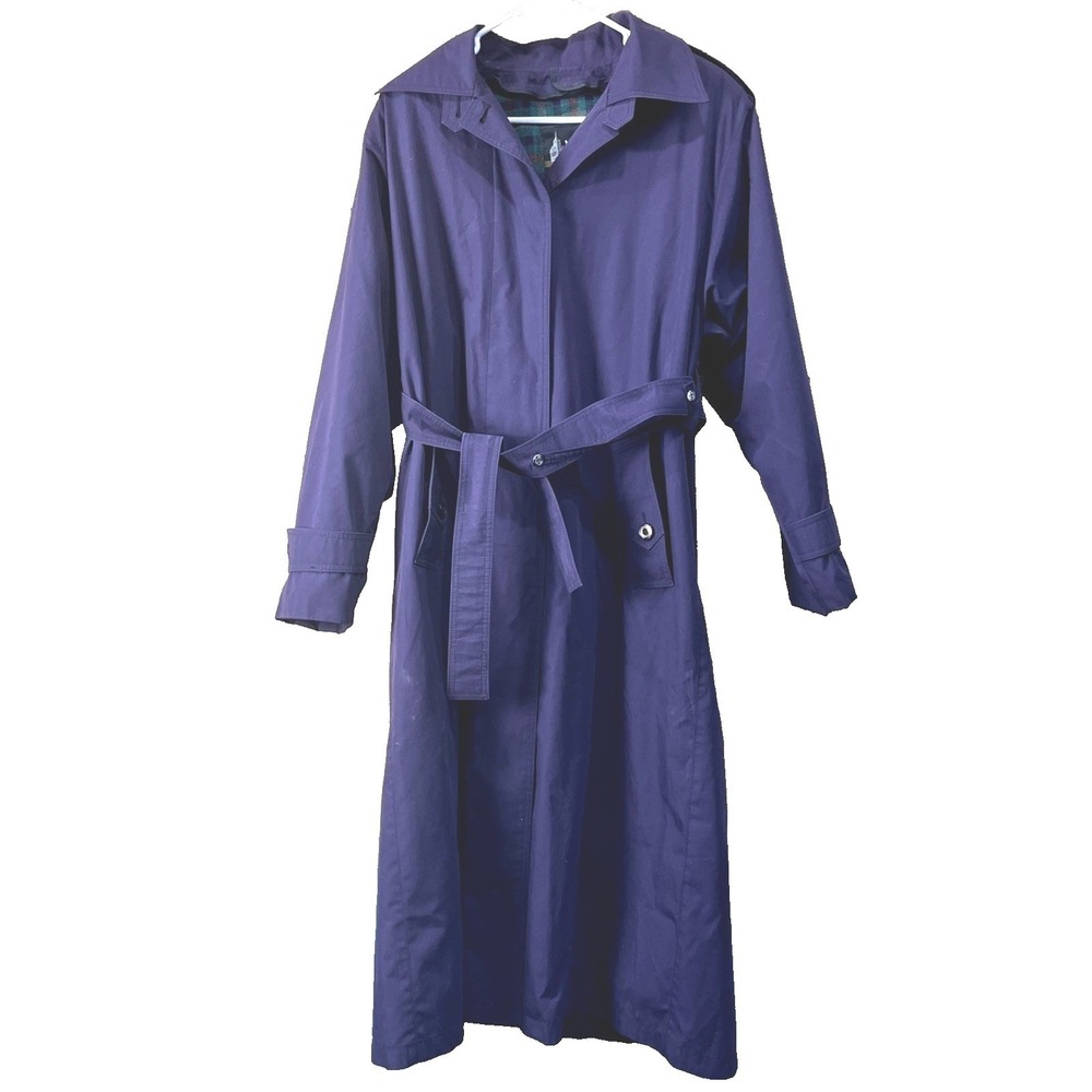 Vintage London Fog Trench Coat Womens 10 Purple Belted Plaid Liner USA Heritage